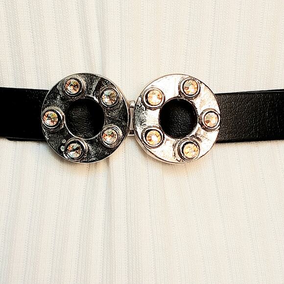 Rhinestone Studded Washer Ring Buckle Skinny Belt Adjustable Medium To Small - Picture 2 of 12